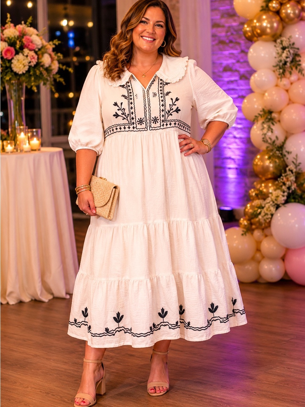 NWT Boutique Cream Bohemian Embroidered Prairie Collar Size 3Xl Dress W/ Pockets